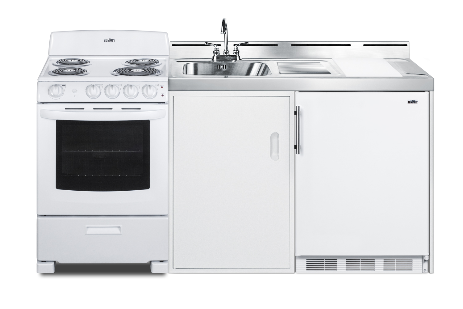 72 inch wide all-in-one kitchenette with 220V 4-element electric coil range, refrigerator-freezer, sink, cutting board and cutlery storage, and a storage cabinet